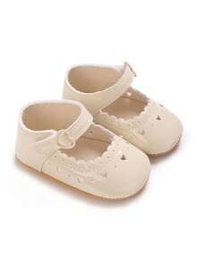 Cremeweiße Herz-Cut-out Baby-Prinzessinenschuhe, Spitzenbesatz Einzelriemen Weichsohle rutschfeste Pre-Walker Schuhe für Baby-Mädchen - Aprikosenfarben - Übersicht 1