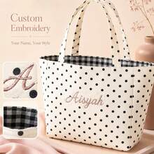 Personalized Embroidered Custom Korean Vintage Artistic Tote Bag, Denim Large Capacity Handbag New Fashion Plaid College Student Class Shoulder Commuter Bag - Multicolor - View 5