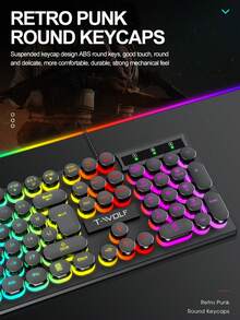 T-WOLF Steampunk Keyboard And Mouse Set USB Illuminated Gaming Retro Round Keycap Keyboard Wired Illuminated Mouse 104-Key Wired Gaming Keyboard And Mouse - View 3