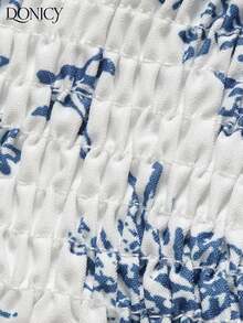DONICY 女款白色與藍色 Toile De Jouy 印花細肩帶中長洋裝，方領、胸前抓褶、收腰，休閒度假風 - 彩色 - 查看 6