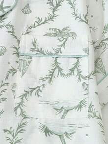 2pcs Women's Comfortable Coconut Tree & Boat Print Short Sleeve Lapel Top And Bow Shorts Pajama Set, Spring/Summer - Green - View 6