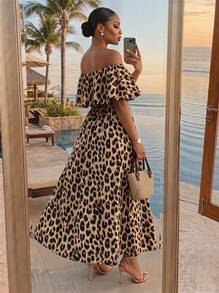 SHEIN Lady CURVE Plus Size Women's Leopard Print Off Shoulder Ruffle Waist A-Line Maxi Dress With Side Slit,Beige Summer Boho Beach Holiday Tropical Outfits - Khaki - View 2