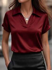 Minimal Silky Vacation Short Sleeve Shirt Graduation Commute Travel Vacation City Trip Leisure Brunch Wear - Burgundy - View 11