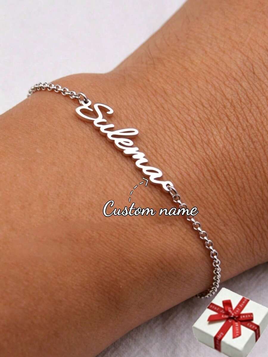 Personalized Minimalist Women's Cross Chain Elastic Bracelet, Customizable Name Couples Bracelet, Classic Stainless Steel Handmade Pendant Adjustable Bracelet, Birthday Gift, Customized,Jewellery For Ladies, Engraved, Tarnish-Free