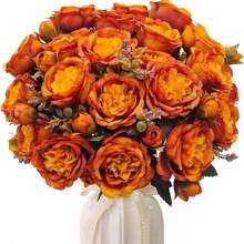 1/3/60pcs Autumn Peony Artificial Flowers, Silk Burgundy Peony Fake Flower Bouquet, Autumn Floral Arrangement, Suitable For Centerpiece, Wedding, Party, Home Decor - Orange - View 9