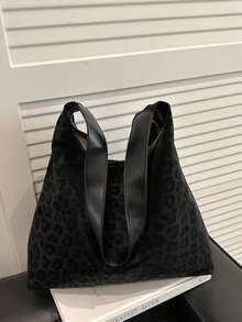 Vintage Leopard Print Tote Bag, Large Capacity Design, Durable & Scratch-Resistant, Shoulder Bag For Commuting, Versatile For Daily Outings - Black - View 9