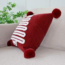 1pc Christmas Pom Pom Pillow Case, Red & Green Christmas Tree Embroidered Pattern Decorative Cushion Cover, Winter Holiday Home Sofa Soft Decor, Pillow Insert Not Included - Green - View 9