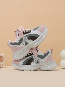 Girls' Light Gray, Pink & Brown Colorblock Magic Tape Lace-Up Chunky Sneakers, Simple Patchwork Kids' Shoes, Suitable For All-Season Outings And Daily Wear - Pink - View 8