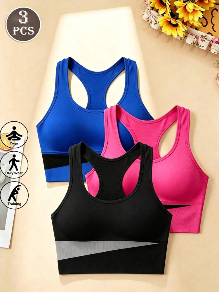 3pcs Plus Size Women's Underwear, Backless Wireless Sports Bra, Elastic Breathable Yoga Bra, Suitable For Sports And Fitness - Multicolor - View 1