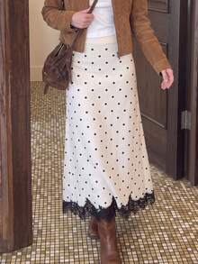 Women's Polka Dot Pattern Contrast Lace Elegant Knitted Midi Skirt - White - View 7