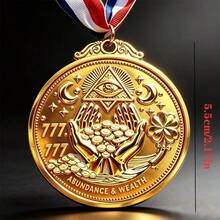 1pc All-Seeing Eye Four-Leaf Clover Gold Medal, 777 Abundant Wealth Manifestation Amulet, Lucky Charm Pendant With Red, White, And Blue Ribbon - Gold - View 4