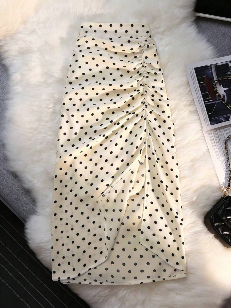 Falda larga de mujer con lunares blancos, con detalles de volantes y abertura asimétrica, estilo casual - Gris - Ver 1