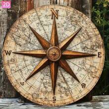 2D Flat Design, 1pc Vintage Nautical Compass Map Wall Decor. With Compass And Nautical Chart, Rustic Wall Hanging Decoration, Suitable For Garden, Kitchen, Bar, Bedroom, Outdoor, Garage, Cafe, Restaurant And Holiday Decoration (Random Hole Position) - A - View 1