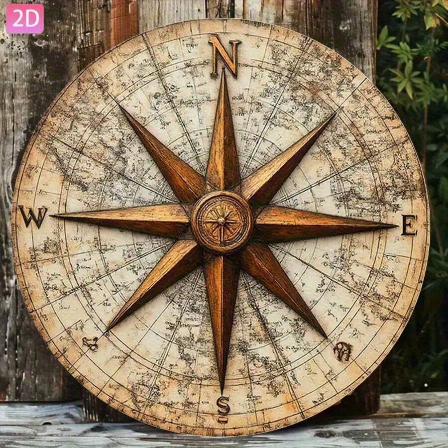 2D Flat Design, 1pc Vintage Nautical Compass Map Wall Decor. With Compass And Nautical Chart, Rustic Wall Hanging Decoration, Suitable For Garden, Kitchen, Bar, Bedroom, Outdoor, Garage, Cafe, Restaurant And Holiday Decoration (Random Hole Position) - A - View 1