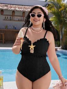Plus Size Black Floral Jacquard Textured Spaghetti Strap One-Piece Swimsuit, Ruffle Hollow Out With Starfish Decor, Suitable For Summer Beach, Pool Party, Vacation, Back To School - Black - View 2