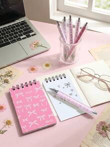 1/4/8pcs White And Pink Bow Notebook & Diary Set, Cute Bow Pocket Notebook (10cm) And Pen (14cm) Set, Bow Theme Party Gift, Birth, First Day Of School - Pink - View 3