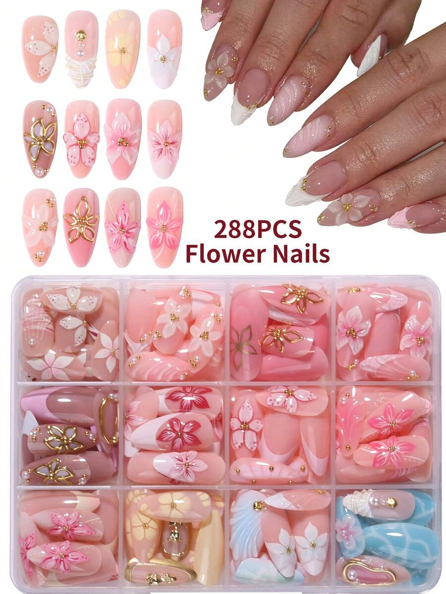 288片長杏仁形3D凝膠美甲貼片，花卉與法式美甲設計，鑲鑽珍珠裝飾假指甲套組，適合女性與女孩日常配戴，亦適用於派對與其他場合 - 彩色 - 查看 1