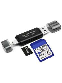 USB-A & Type-C 二合一雙卡槽讀卡機，輕薄塑膠便攜迷你 TF SD 卡轉接器，相容手機與筆電，支援 SD/TF/SDHC/SDXC，雙卡不可同時讀取，OTG 記憶卡讀卡機，不含記憶卡 - 黑與白 - 查看 4