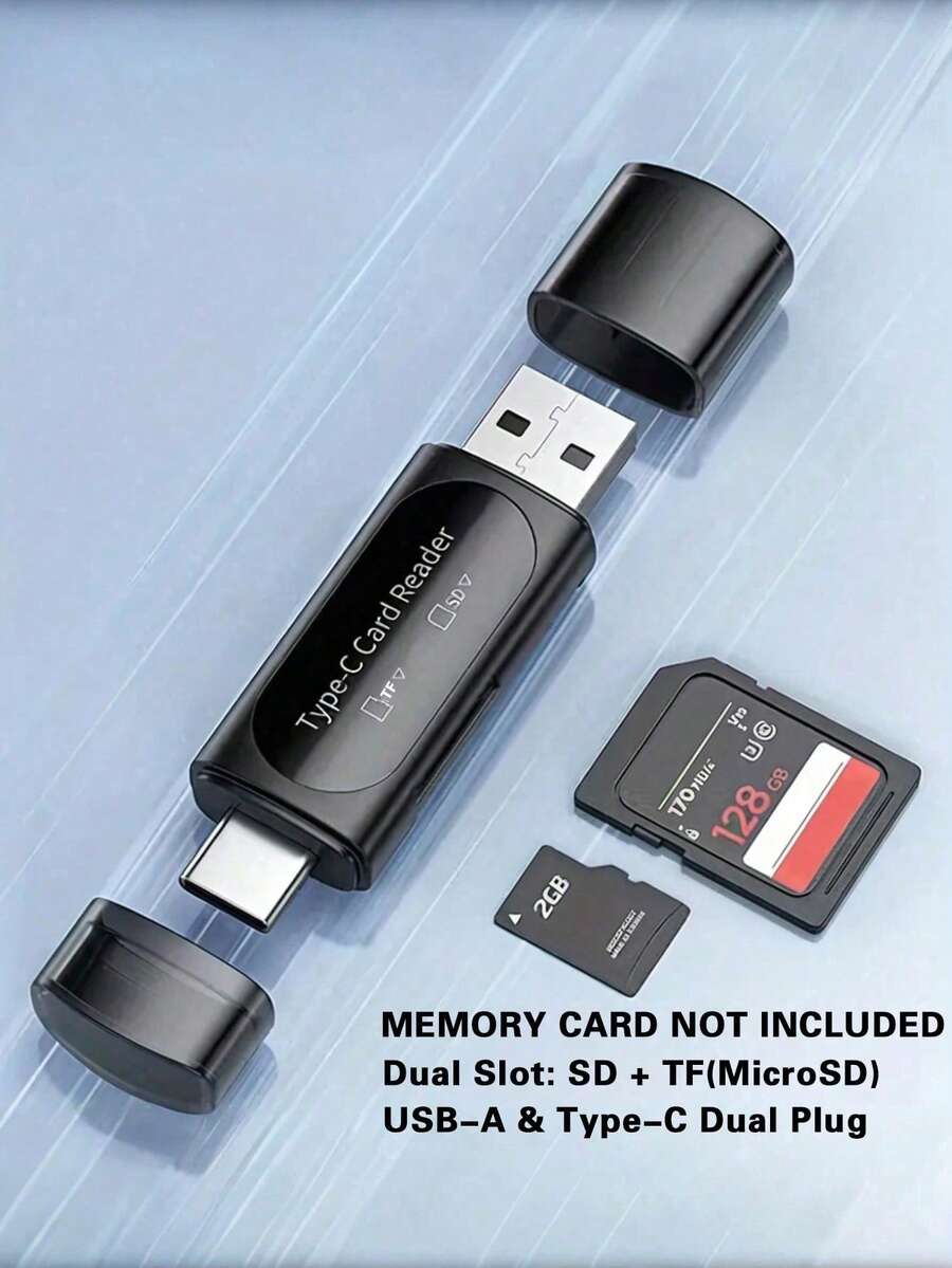 USB-A & Type-C 二合一雙卡槽讀卡機，輕薄塑膠便攜迷你 TF SD 卡轉接器，相容手機與筆電，支援 SD/TF/SDHC/SDXC，雙卡不可同時讀取，OTG 記憶卡讀卡機，不含記憶卡