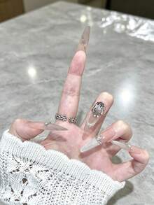 10 buah Kuku Tempel Panjang Lancip Warna Nude Silver Bentuk Mata Kucing dengan Dekorasi Kupu-kupu Rhinestone Besar, Kuku Palsu Elegan yang Dapat Digunakan Kembali untuk Pernikahan dan Kencan - MultiWarna - View 2