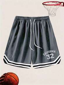 Men's American Style Patchwork Basketball Shorts, Summer Mesh Quick-Dry Loose Drawstring Athletic 4-Inch Shorts - Grey - View 2