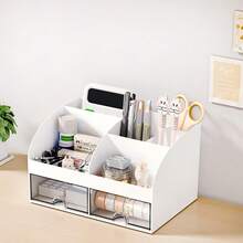 1pc Desktop Organizer With 6 Compartments And 2 Drawers, Plastic Makeup Organizer, Desktop Pen Holder, Suitable For School, Home, Office Supplies Desktop Organization - Multicolor - View 3