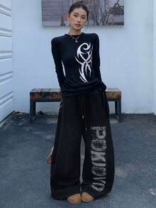 American Style Letter Print Casual Loose Wide Leg Drapey Lazy Drawstring Long Pants - Black - View 1