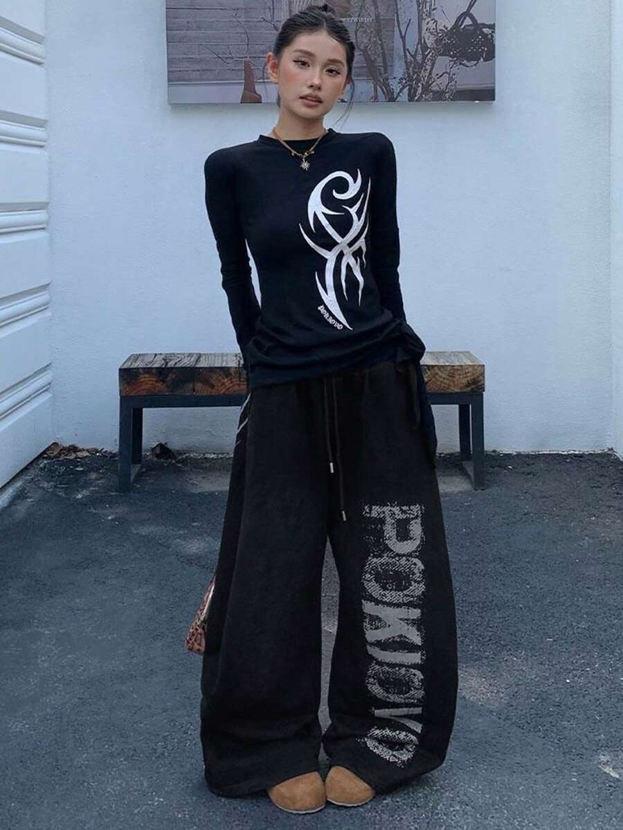 American Style Letter Print Casual Loose Wide Leg Drapey Lazy Drawstring Long Pants - Black - View 1