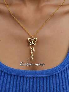 Customized Cute Butterfly Name Necklace For Women, Stainless Steel Butterfly Pendant Necklace With Personalized Vertical Cursive Letter, Handmade Jewelry Gift For Girlfriend, Birthday, Holiday - Gold - View 1