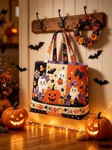 1pc Women's Halloween Tote Bag & Coin Purse Set - Large Capacity Crossbody Bag, Storage Bag, Organizer Bag, Women's Beach Bag, Also Can Be Used As Makeup Bag, Laundry Basket, Cute Pumpkin & Bat Print, Machine Washable & Reusable Tote Bag, Suitable For Travel, Shopping, Daily Use, Holiday Essential, Travel Essential, Gift Essential - View 2