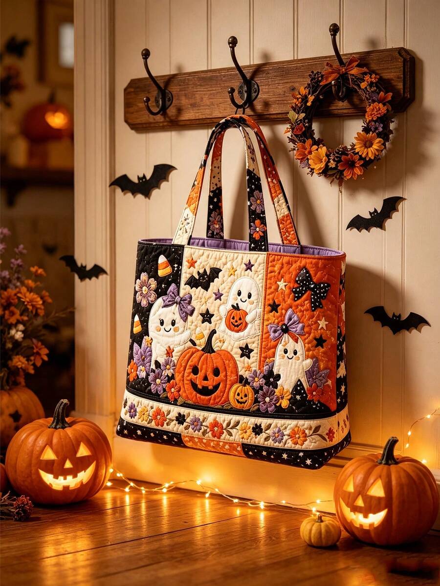 1pc Women's Halloween Tote Bag & Coin Purse Set - Large Capacity Crossbody Bag, Storage Bag, Organizer Bag, Women's Beach Bag, Also Can Be Used As Makeup Bag, Laundry Basket, Cute Pumpkin & Bat Print, Machine Washable & Reusable Tote Bag, Suitable For Travel, Shopping, Daily Use, Holiday Essential, Travel Essential, Gift Essential