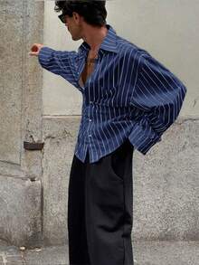 Men's Thin Striped Long Sleeve Shirt, Fashionable Casual Style Suitable For Spring And Autumn - Blue - View 2