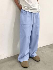 1件男士日系休閒風細條紋貼袋寬腿寬鬆直筒長褲 - 藍色 - 查看 9