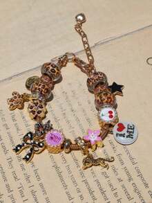 1pc Leopard Print Cherry Blossom Bow Polka Dot Charm Bracelet, Love Yourself Slogan Bracelet, Leopard Heart Music Festival Bracelet - Gold - View 5