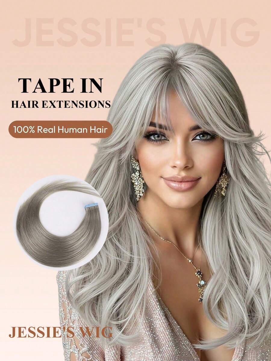 Jessie's Wig 20pcs 50g Tape In Hair Extension, 100% Real Remy Human Hair Extension For Salon Silky Seamless Invisible Skin Weft Tape Ins, Silver Grey Color, For Thinning Hair Woman Natural Look Can Be Reused ,Add Volume Halloween Costumes
