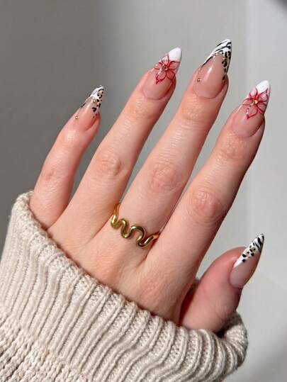 24 pièces de faux ongles amande de taille moyenne, blanc nude avec bout français, imprimé léopard, ligne rouge, fleur et perles dorées, design élégant et à la mode, couverture complète, convient aux ongles des femmes et des filles en toutes saisons, pour un usage quotidien, au bureau, à la maison, en soirée, fournitures pour ongles