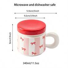 1pc 340ml/11.5oz Fashionable Pink Vertical Striped Ceramic Tea Cup With Lid And Filter, Cute Princess Style Red Heart Bow Print Porcelain Tea Infuser Mug, Suitable For Loose Leaf Tea, Coffee, Milk, Sweet Romantic Anniversary Birthday Gift Cup - Multicolor - View 3