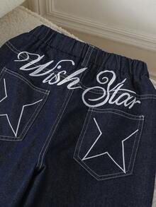 Tween Girl Blue Denim Jeans Fashion Casual Street Style Letter & Star Embroidered Loose Wide Leg Pants - Blue - View 6