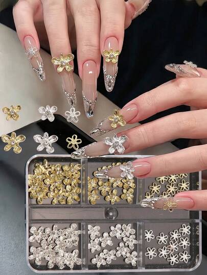 6-Grid Box Gold & Silver Mixed Hollow Rhinestone Flower Nail Art Charms, Multi-Size Metal 5-Petal Flower Box Set, 3D Decorative Accessories For DIY Press-On Nails