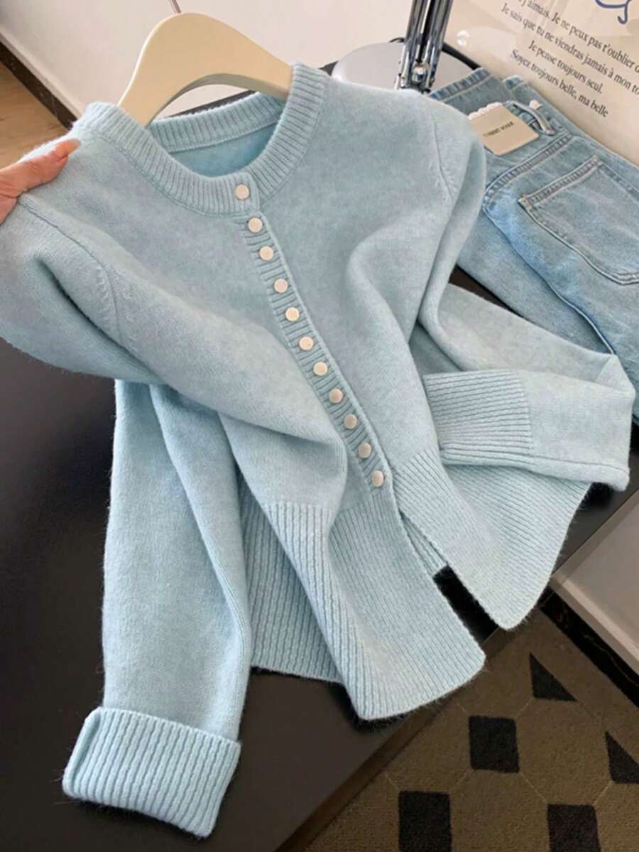 Women's Mint Green Knitted Wool Cardigan, Comfortable And Warm, Long Sleeve Ribbed Knit Top, Round Neck Button Front, Winter Essential Fall - Baby Blue - View 1