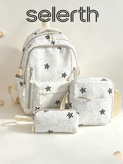 3pcs Light Gray Nylon Casual Minimalist Star Pattern All-Over Print Comfortable Shoulder Strap Zipper Closure Multi-Pocket Large Capacity Foldable With Crossbody Strap Pencil Case Backpack Set, Suitable For Spring/Summer Hot-Selling Style, Ideal For Students, Campus, Commuting, Outdoor Travel, Back-To-School Gift, Can Hold Books, Pencil Case,