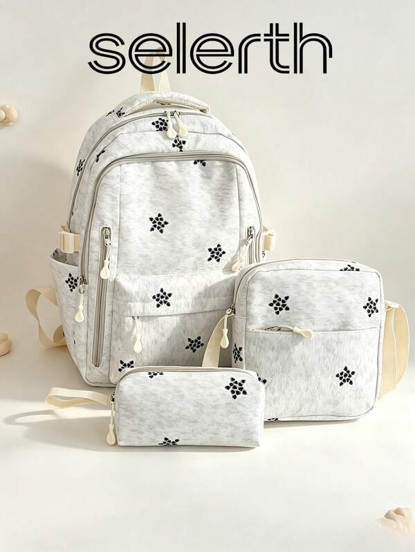 3pcs Light Gray Nylon Casual Minimalist Star Pattern All-Over Print Comfortable Shoulder Strap Zipper Closure Multi-Pocket Large Capacity Foldable With Crossbody Strap Pencil Case Backpack Set, Suitable For Spring/Summer Hot-Selling Style, Ideal For Students, Campus, Commuting, Outdoor Travel, Back-To-School Gift, Can Hold Books, Pencil Case,
