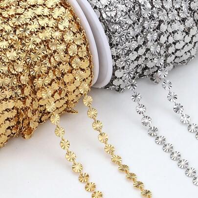 1m Stainless Steel Round Disc Embossed Chain, Gold Sunflower Chain For DIY Handmade Necklace, Bracelet, Jewelry Accessories