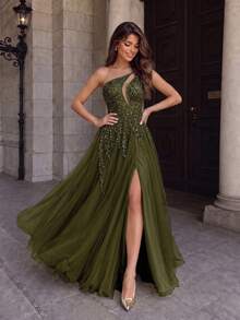 VIPGIRL Sleeveless Sequin Mesh Prom Dress With Asymmetrical Neck Design, Elegant Formal Evening Wedding Guest Gown, For Graduation, Dinner Party Dress Spring - Green - View 6