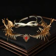 Vintage Elf Forest Gold Staghorn Fern Leaf Crown With Red Rhinestones, Adjustable Ribbon Headpiece, Suitable For Halloween Cosplay, Renaissance Wedding, Festival Party - Multicolor - View 13