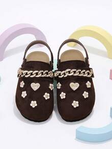 1 Pair Kids Rhinestone Closed-Toe Chain 3D Heart Flower Coffee Brown Mule Shoes, Suitable For Daily Wear - Coffee Brown - View 3