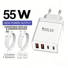 EU Plug Type C/E/F (220-240V) Fast Charging Wall Charger 55W Super Fast Charger 2 USB-A + 2 USB-C, Optional 3.3ft USB-C To USB-C/USB-C To Lightning/USB-A To USB-C/USB-A To Lightning Fast Charging Cables. Multiple Cable Configurations Available, Fully Compatible With MacBook 17/16/15/14/13/12 Series And Galaxy S25/S24/S23/S22 Series. Suitable For Home, Office And Travel Memorial Day Summer Kickoff - EU C Type Plug(220-240V) - View 2