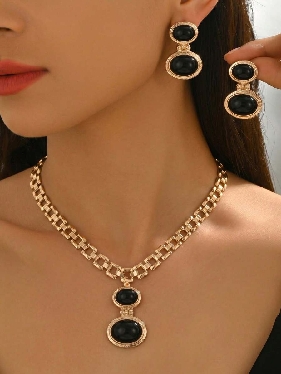 2pcs Minimalist Vintage Creative Wide Chain Geometric Oval Acrylic Pendant Necklace + Earrings Set, Women's Jewelry, Suitable For Daily, Holiday, Party Wear, Gift For Women - Golden Yellow+Black - View 1