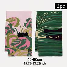 2PCS Kitchen Towels With Tropical Plants And Black Cat Pattern Print, 40*60cm Simple Style Rectangular Microfiber Kitchen Towels, Dish Cloths, Tablecloths, Hand Towels, Kitchen Decor, Housewarming Gifts For Neighbors, Perfect For Kitchen And Bathroom Use, Suitable For Housewives And Family Gatherings, High Cost-Performance, Home Essential - Multicolor - View 12