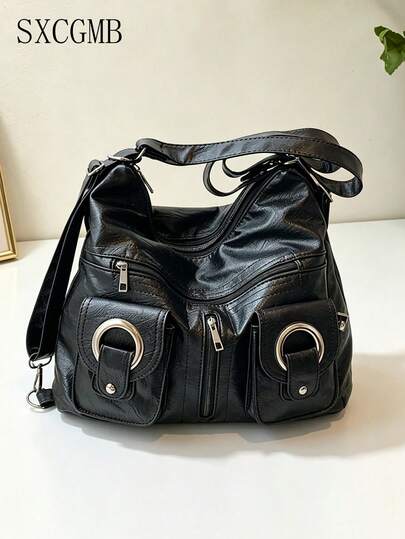 Men's Black PU Leather Shoulder Bag Metal Ring Accents Multi Zippers Punk Style Daily Commute School College Large Capacity Bookbag